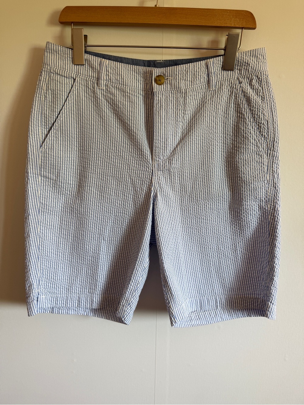 L.L. Bean Women’s Blue and White Seersucker Bermuda Shorts
